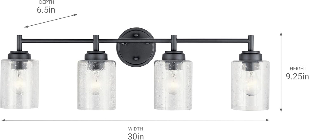 Kichler Winslow 30' 4-Light Bathroom Vanity Light Fixture with Clear Seeded Glass in Black, Modern Industrial Style for Bathroom and Powder Room, (30' x 9.25' x 6.5'), 45887BK