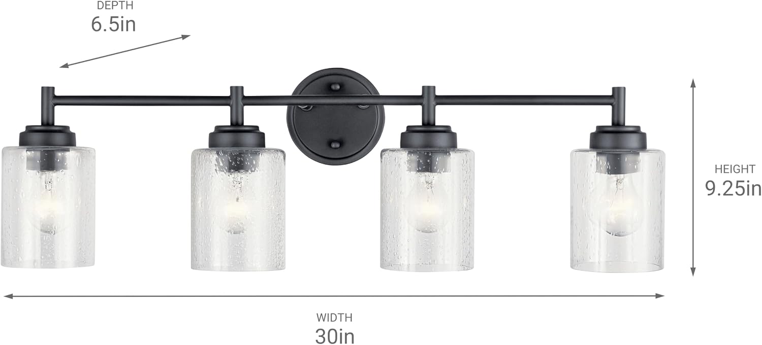 Kichler Winslow 30' 4-Light Bathroom Vanity Light Fixture with Clear Seeded Glass in Black, Modern Industrial Style for Bathroom and Powder Room, (30' x 9.25' x 6.5'), 45887BK