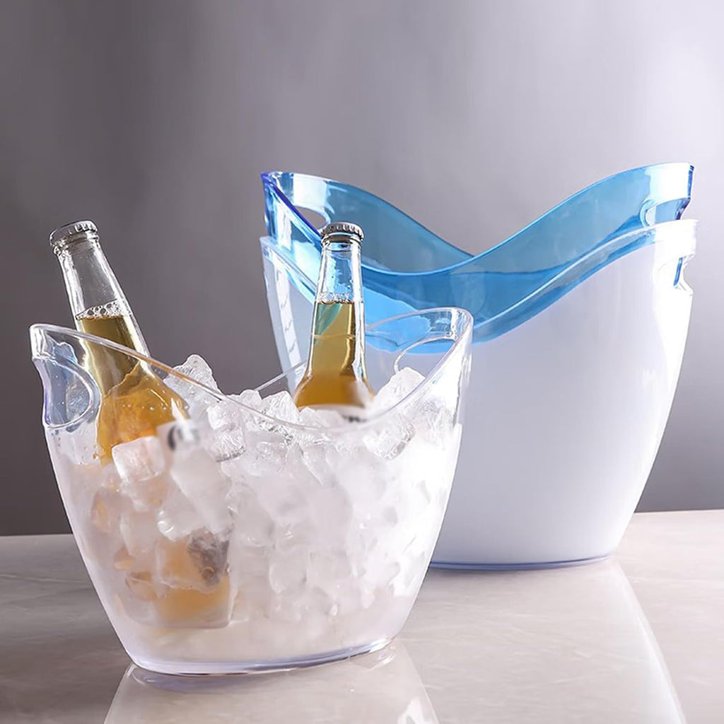 Portable 8 Liter Acrylic Ice Bucket with Tongs, Plastic Tub Oval Storage Buckets for 2 Wine or Champagne Bottles Party