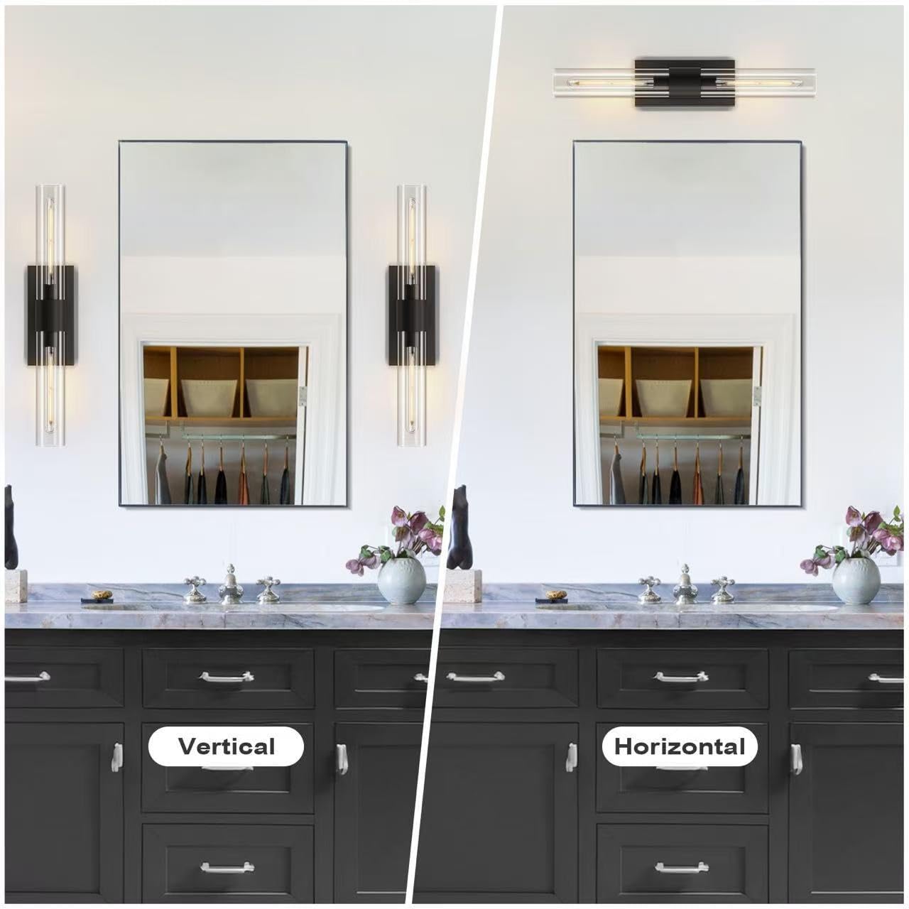 Black Wall Sconces Set of Two, Brass 22.8' Sconces Wall Lighting,Bathroom Vanity Lights with Clear Glass Shade for Mirror, Living Room, Bedroom, Hallway, Fireplace, Staircas（Including Bulb）