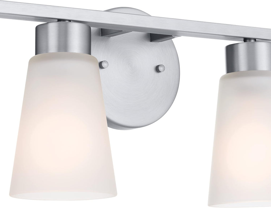 Kichler Stamos 4-Light Bathroom Vanity Light Fixture with Satin Etched Glass Shades, 26 in Modern Wall Light in Brushed Nickel for Bathroom Mirror (26 in x 8 in x 5 in), 55122NI
