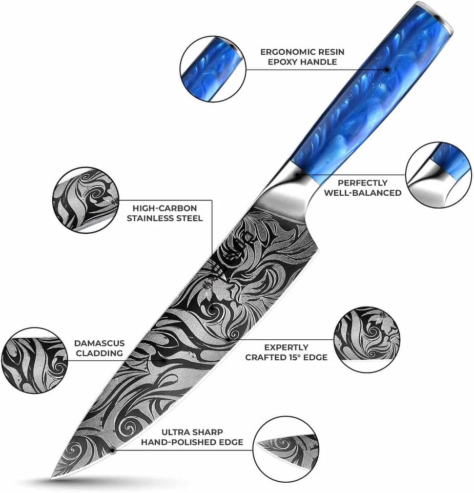 Seido Knives Tengoku Blue 10-Piece Chef Knife Set – Handmade High-Carbon Stainless Steel Blades, Resin Epoxy Handles, Ergonomic Balanced Professional Kitchen Knives