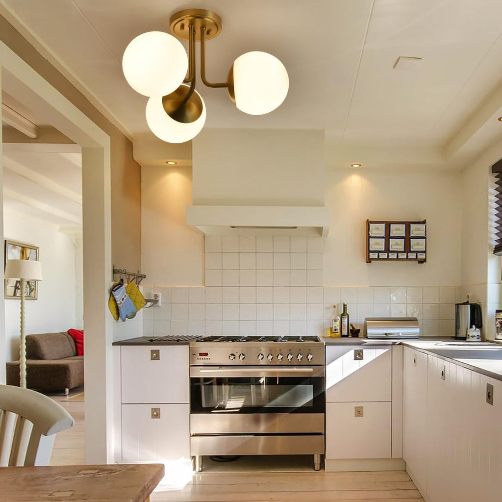 3 Light Semi Flush Mount Ceiling Light Fixture Aged Brass, Modern Globe Chandelier, Sputnik Farmhouse Lighting for Kitchen Bedroom Bathroom Living Room Corridor Laundry Room Bar …