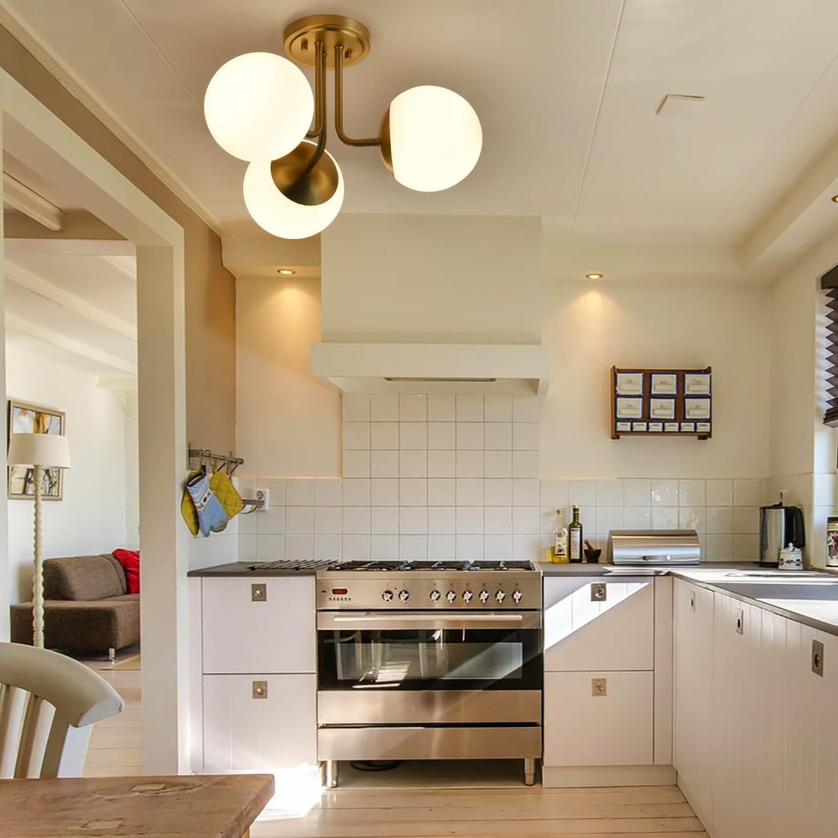 3 Light Semi Flush Mount Ceiling Light Fixture Aged Brass, Modern Globe Chandelier, Sputnik Farmhouse Lighting for Kitchen Bedroom Bathroom Living Room Corridor Laundry Room Bar …