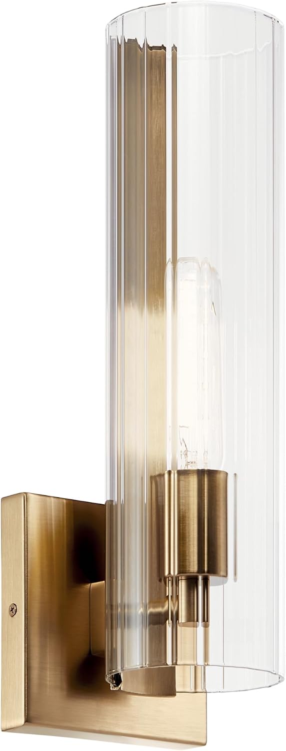 Kichler Jemsa 1 Light Wall Sconce, Modern Light with Clear Fluted Glass in Champagne Bronze for Bathroom, Powder Room, Sides of Fireplace, Down a Hallway, Kitchen, or Bedroom (14' x 4.75'), 55165CPZ