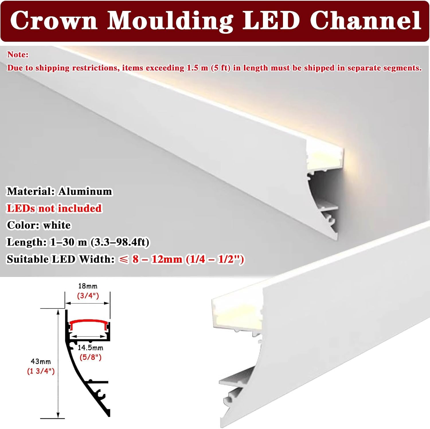 Crown Moulding LED Indirect Lighting Crown Molding, Aluminum Linear Lighting Channel for Wall Ceiling Edge, Living Room Office LED Diffuser Strip Cornice Track(Black,1.5 m(5ft))