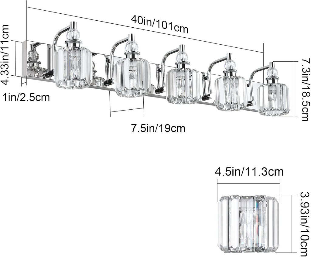 Ralbay Modern Crystal Vanity Lights 5 Light 40' Modern Crystal Bathroom Lights Fixtures Over Mirror Stainless Steel Chrome Vanity Light for Bathroom Wall Lights Fixtures