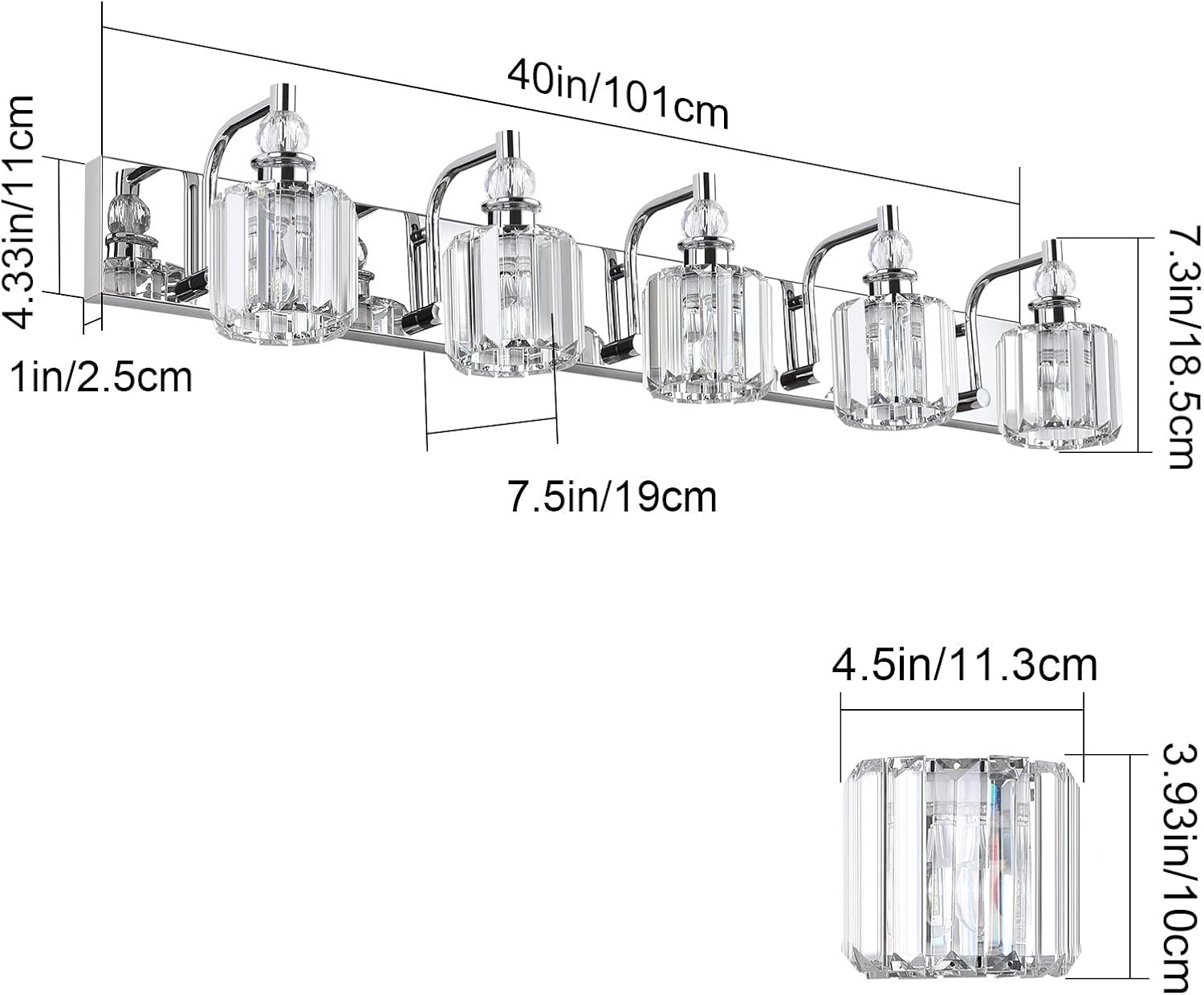 Ralbay Modern Crystal Vanity Lights 5 Light 40' Modern Crystal Bathroom Lights Fixtures Over Mirror Stainless Steel Chrome Vanity Light for Bathroom Wall Lights Fixtures