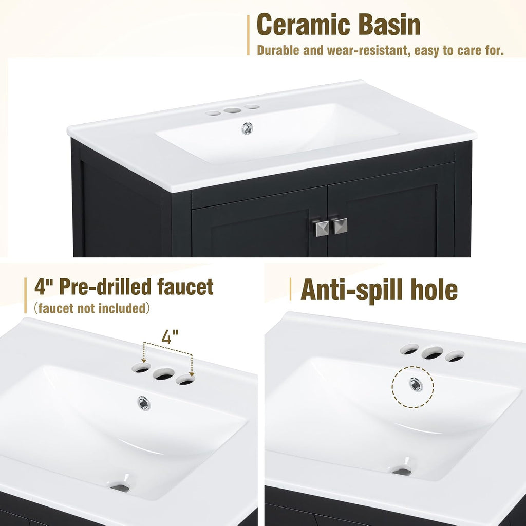 Bellemave 30' Bathroom Vanity with Sink Combo Set, Solid Wood Frame Bathroom Storage Cabinet with a Drawer, 2 Soft Closing Cabinet Doors with Organizer, Black