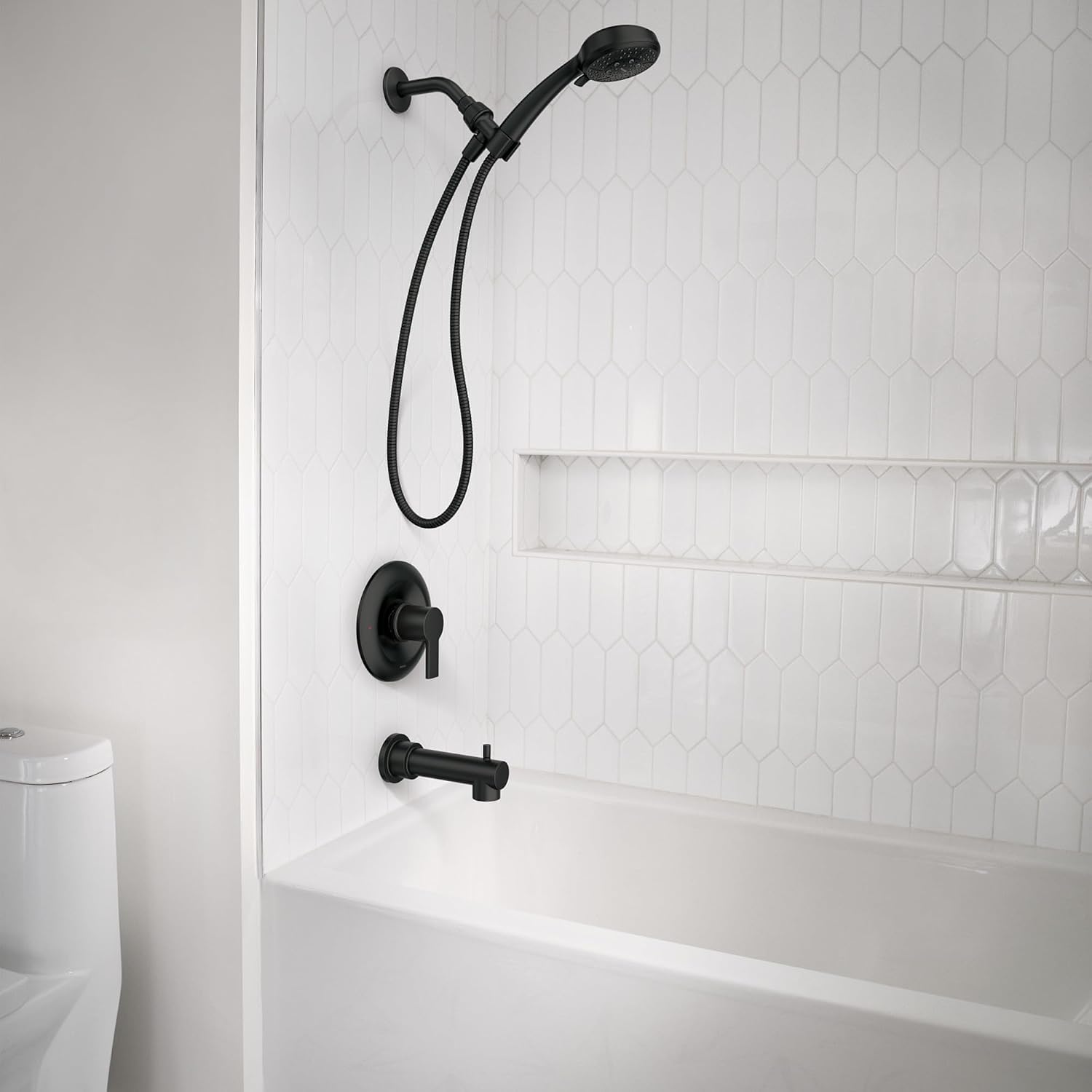 Moen Meena Matte Black Single Handle Modern Shower Faucet Set with Handshower and Tub Spout for Bathtub, Valve Included, 82618BL