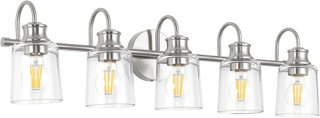 5 Lights Bathroom Light Fixtures Modern Brushed Nickel Vanity Lights for Bathroom Lighting Fixtures Over Mirror with Clear Glass Shade for Cabinet Mirror Bedroom Hallway