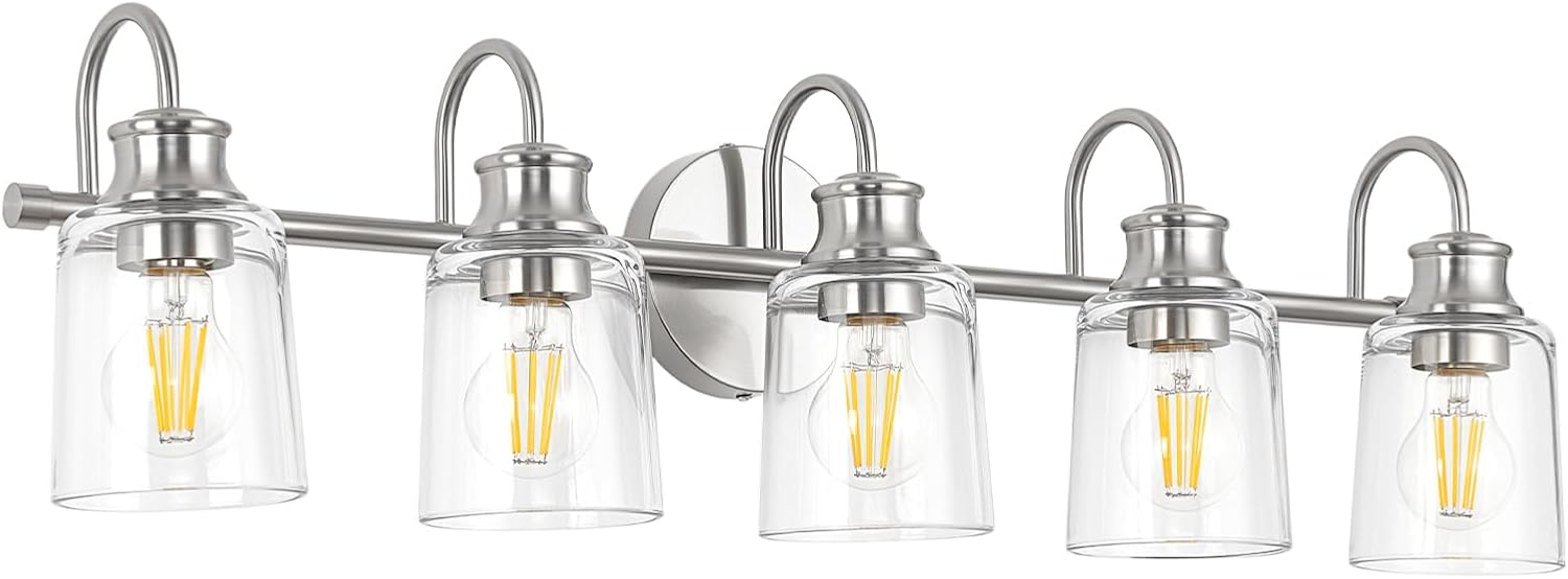 5 Lights Bathroom Light Fixtures Modern Brushed Nickel Vanity Lights for Bathroom Lighting Fixtures Over Mirror with Clear Glass Shade for Cabinet Mirror Bedroom Hallway