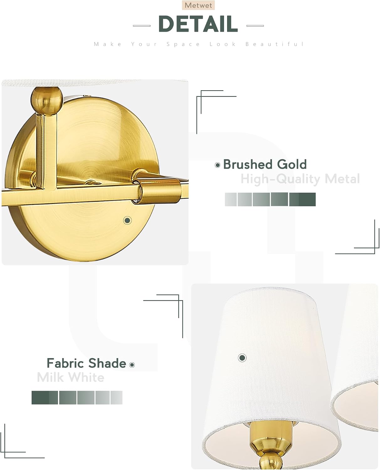 Bathroom Light Fixtures, 42 Inch Brushed Gold Vanity Lights with Flared White Fabric Shade, 6-Light Wall Sconce, Modern Sconces Wall Lighting for Hallway Bedroom, VL837-BG-6