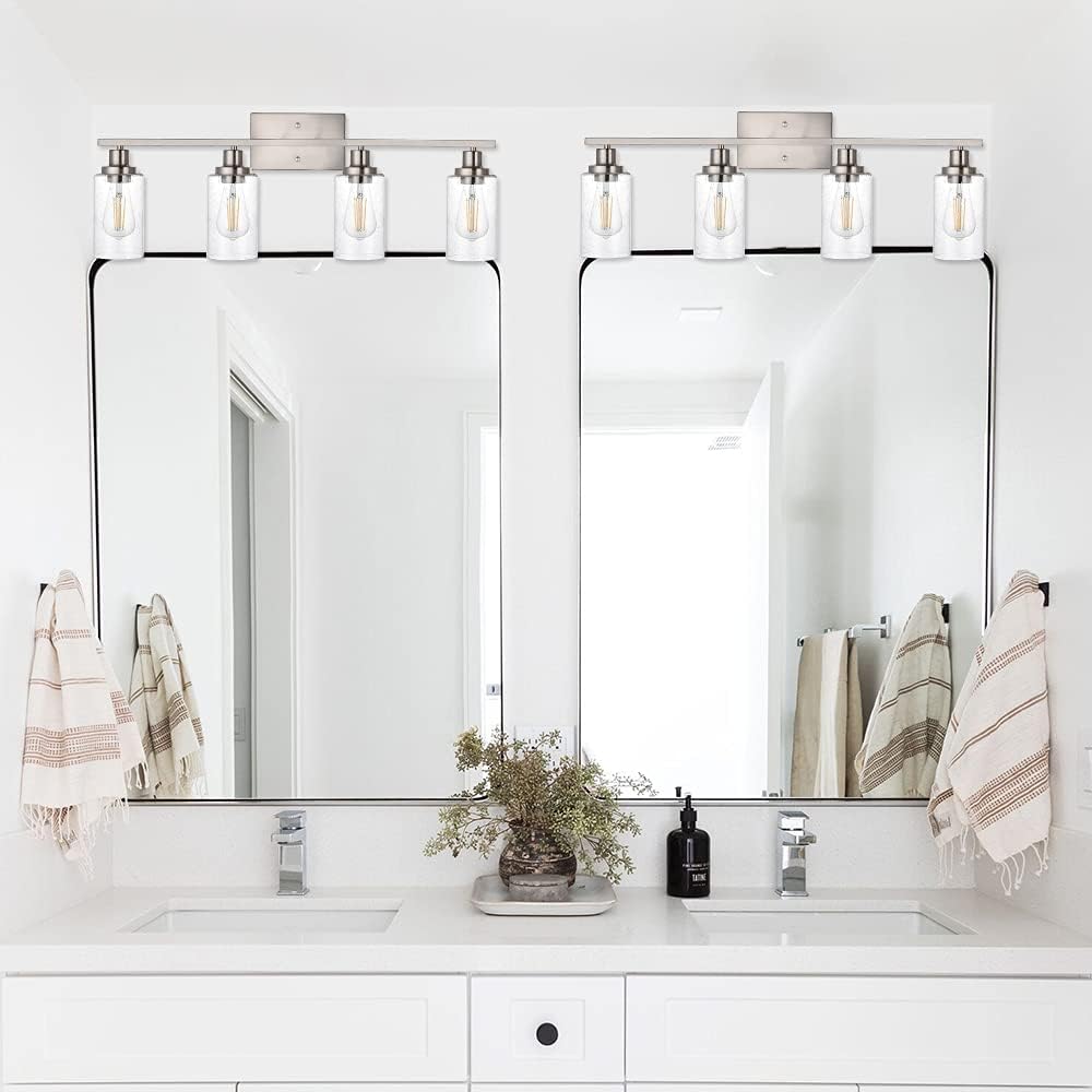 4-Lights Modern Vanity Light Fixtures for Bathroom Over Mirror, Farmhouse 31-Inches Length Seeded Glass Bath Wall Sconce Lighting in Brushed Nickel