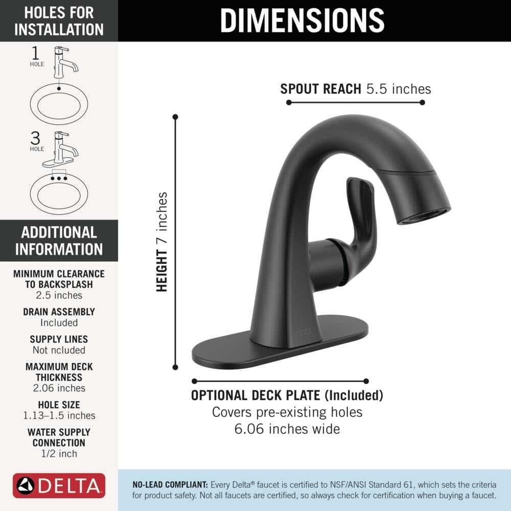 Delta Arvo 1 Hole Matte Black Bathroom Faucet with Sprayer, Single Hole Bathroom Sink Faucet with Pull Out Sprayer for Vanity, Push-Pop Drain, Matte Black 15840LF-BLPD