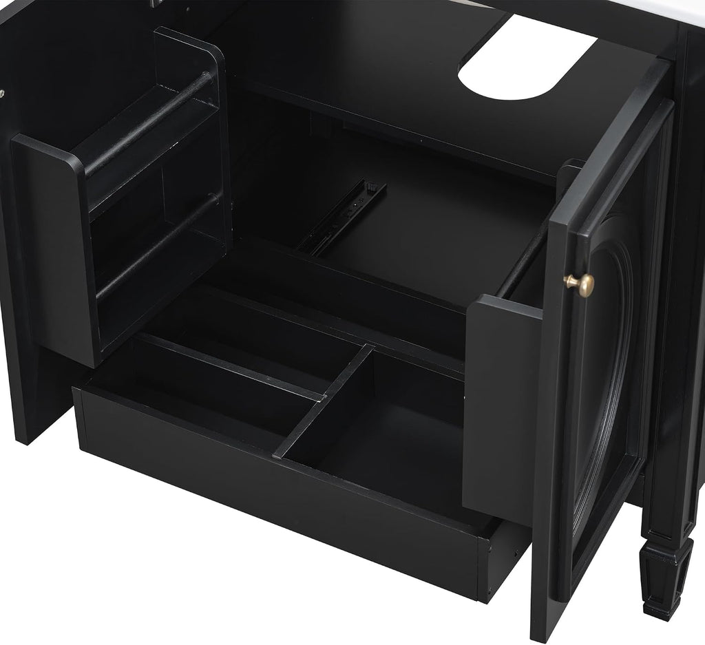 30 Inch Black Bathroom Vanity with Sink,Vintage Bathroom Sink Cabinet 30 Inch,Drop-In with Integrated Countertop,2 Storage Door Organizers & Sliding Tray,Adjustable Shelf,Soft Closing,Solid Wood Frame
