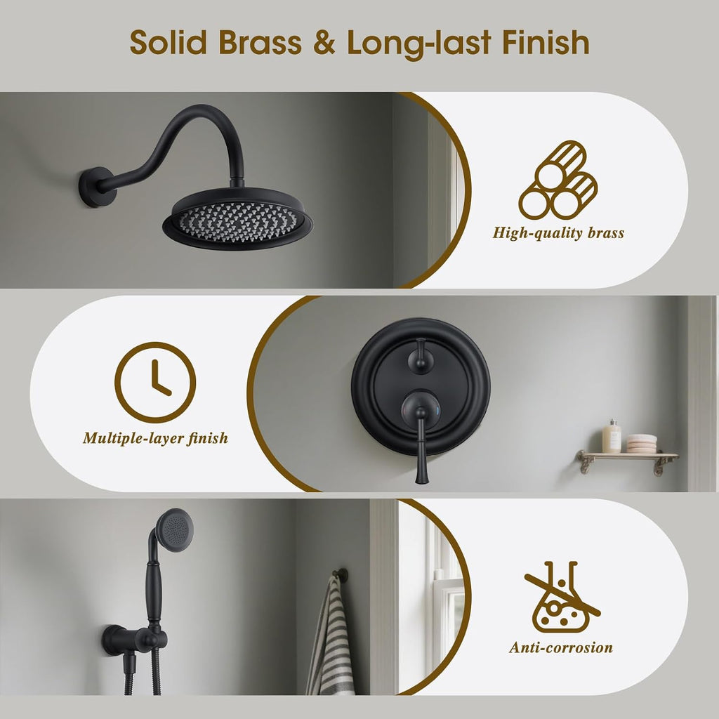 Rain Shower Head with Handheld Spray, Rainfall Shower System with Rough-in Valve, Shower Faucet Set with Pressure Balance Valve, 9 Inch Luxury Shower Trim Kit Wall Mount, Matte Black
