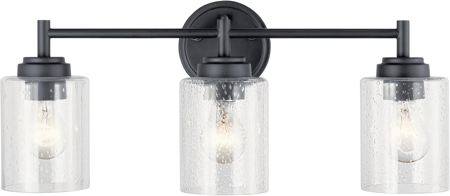 Kichler Winslow 21.5' 3-Light Bathroom Vanity Light Fixture with Clear Seeded Glass in Black, Modern Wall Mount Lighting for Mirror over Vanity in Bathroom, 45886BK