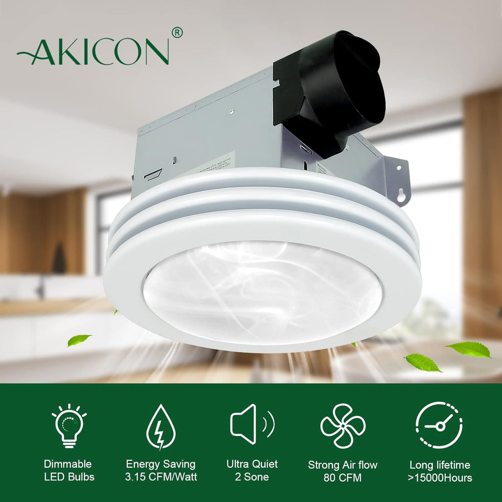 Akicon Ultra Quiet Bathroom Exhaust Fan with LED Light 80CFM 2.0 Sones Round Bathroom Ventilation Fan with Frosted Glass Cover Satin White Finish (Satin White)
