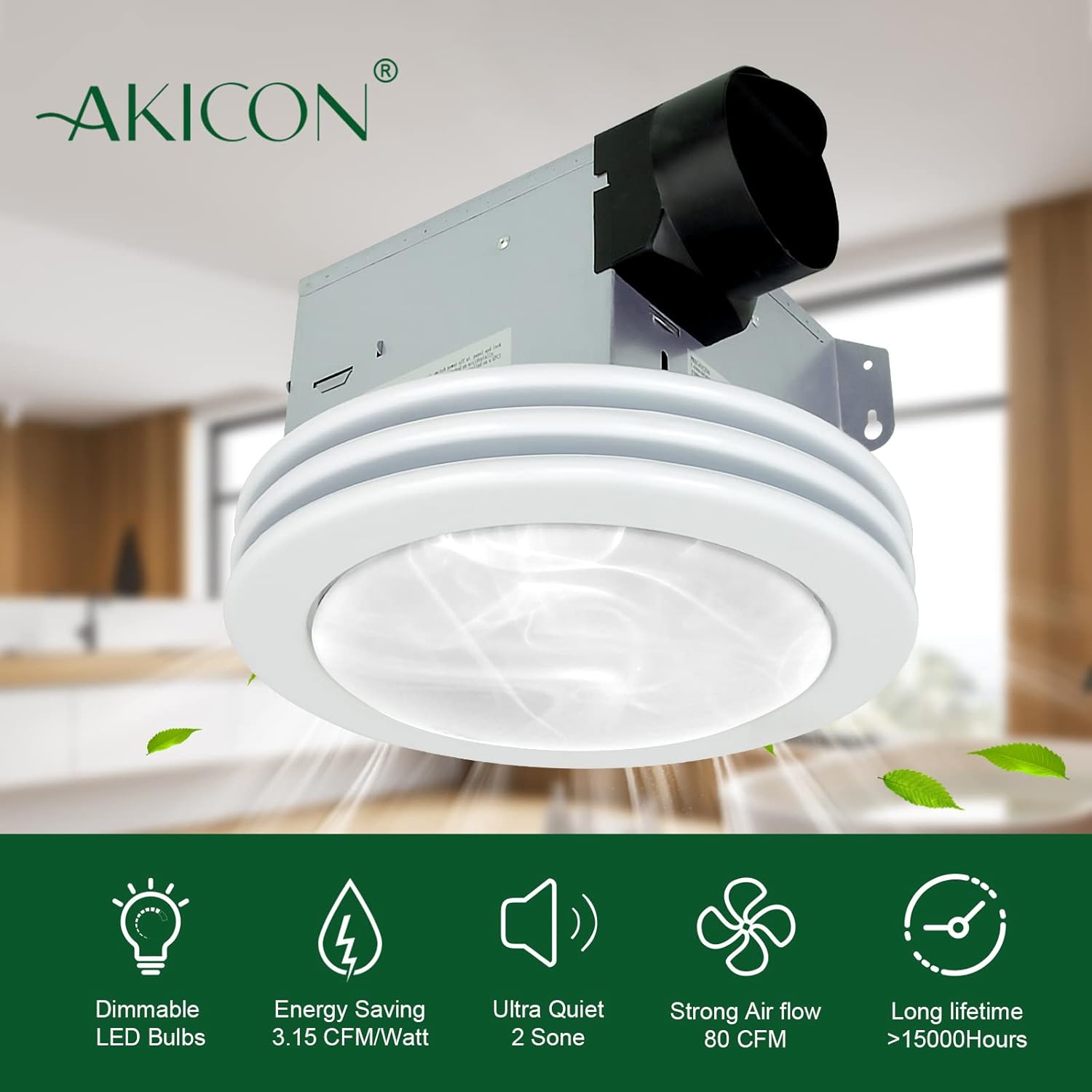 Akicon Ultra Quiet Bathroom Exhaust Fan with LED Light 80CFM 2.0 Sones Round Bathroom Ventilation Fan with Frosted Glass Cover Satin White Finish (Satin White)