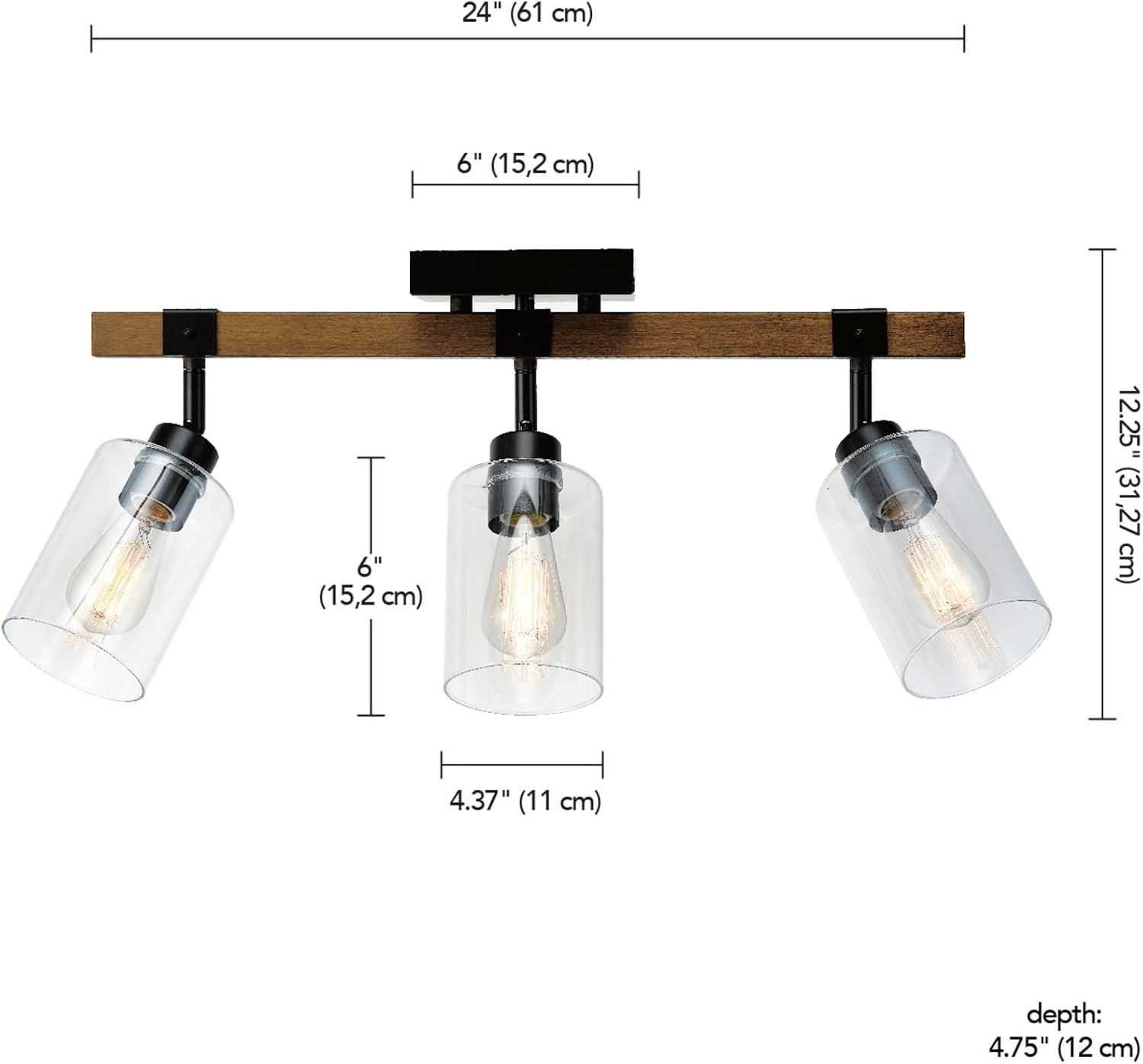 Globe Electric 57502 3-Light Track Lighting, Wood Toned, Matte Black Accents, Clear Glass Shades, Pivoting Heads, Modern Farmhouse, Ceiling Light for Kitchen Island and Dining Room Table