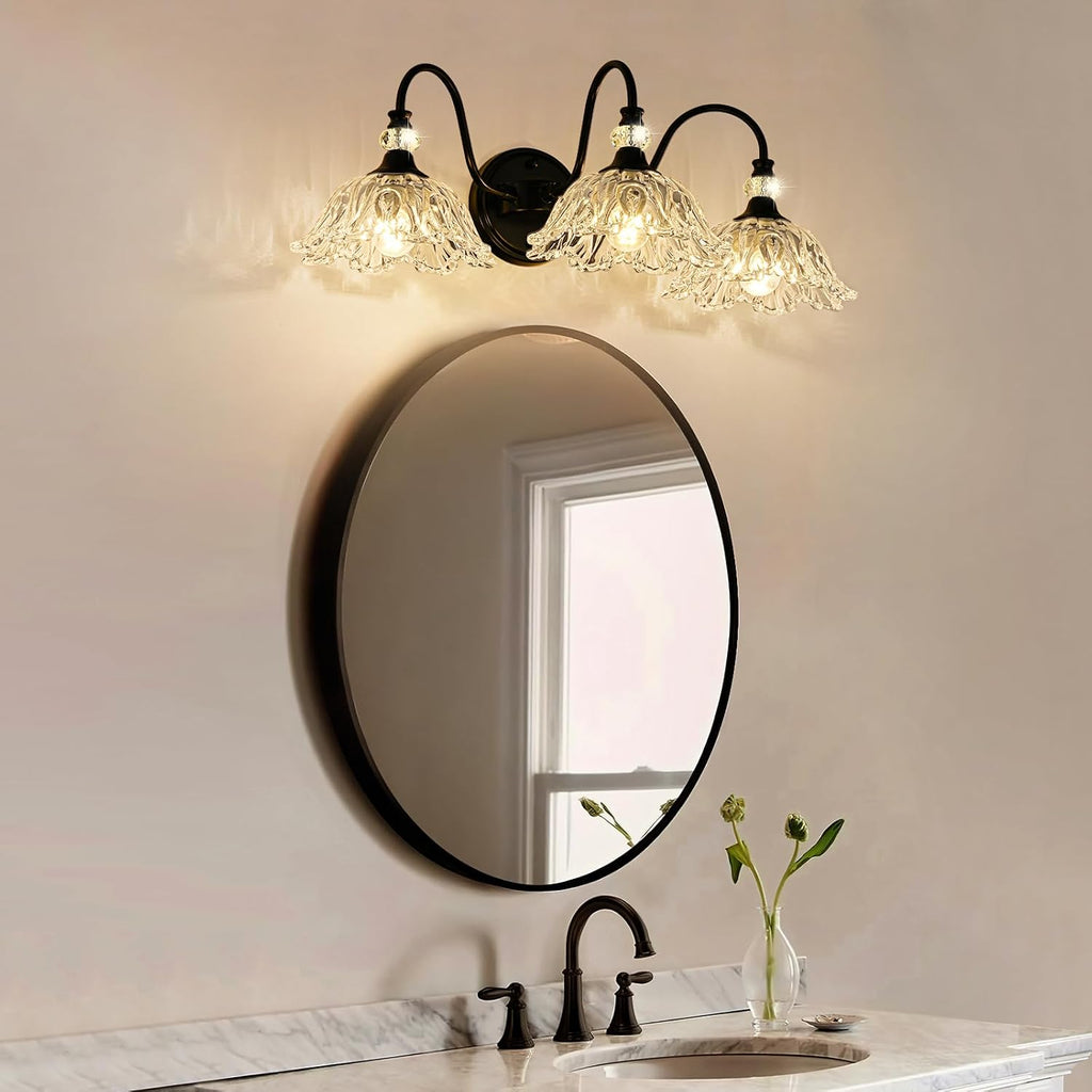 Black Bathroom Vanity Light,3-Light Vanity Light with Crystal Glass Shades,Vintage Farmhouse Vanity Lighting for Bathroom and Dressing Table