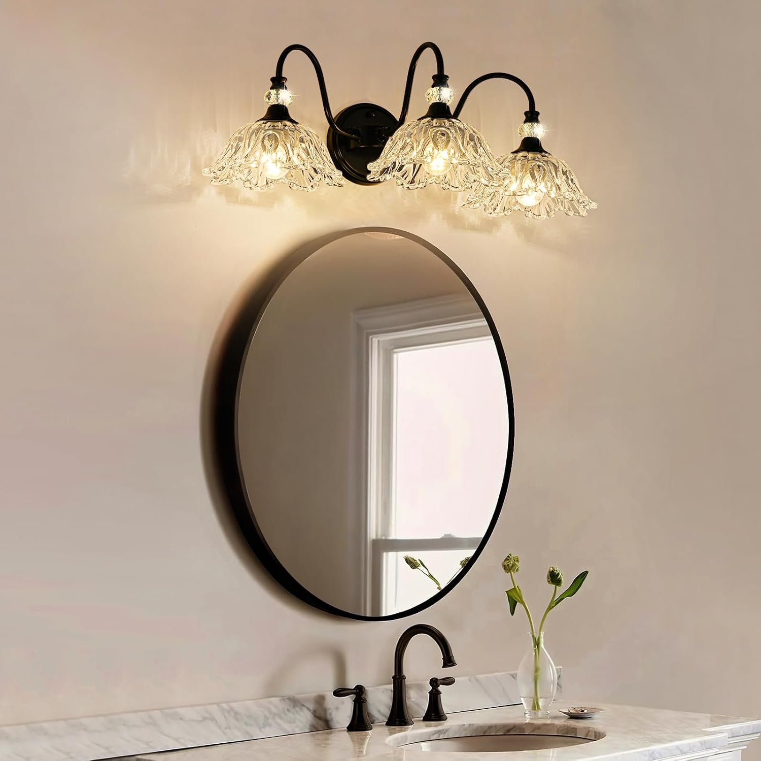 Black Bathroom Vanity Light,3-Light Vanity Light with Crystal Glass Shades,Vintage Farmhouse Vanity Lighting for Bathroom and Dressing Table