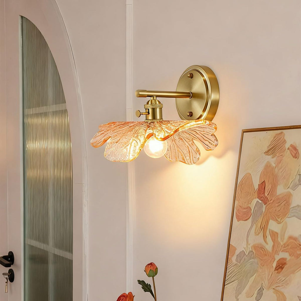 Unique Wall Light Set of 2 with Amber Glass Petals Over Mirror | Vintage Wall Sconce Set of 2 Bathroom Vanity Lights, flower Glass Shade ＆Gold Brass E26 Base, Easy to install, For Hallway
