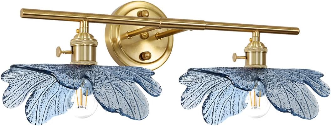 2 Light Bathroom Vanity Light Gold Brass Wall Sconce with Blue Flower Glass Shade Mid Century Wall Light Vintage Wall Sconce Art Deco Bathroom Lights Over Mirror for Bedroom Hallway Living Room