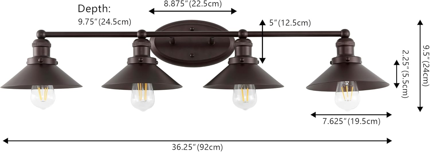 JONATHAN Y 36.25' Oil Rubbed Bronze 4-Light Industrial Farmhouse Metal Vanity Light Wall Sconce, Metal Shade for Bathroom Mirror, Kitchen, Entryway, LED Bulb Included (JYL7904A)