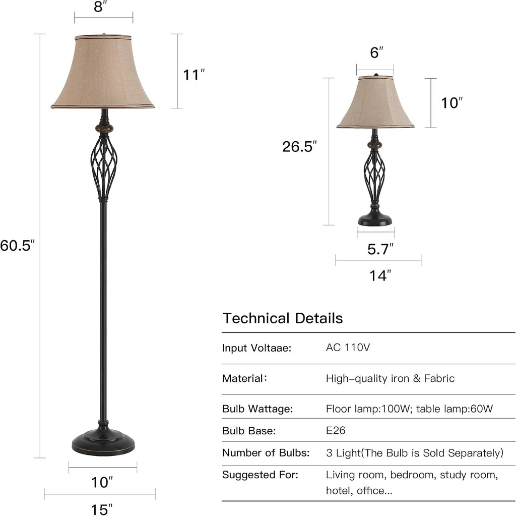 3 Pack Lamp Set, Living Room Lamp Set of 3, Floor and Table Lamp Set in Bronze Finish with Vintage Brown Fabric Shades for Bedroom Reading Family, Solid Iron