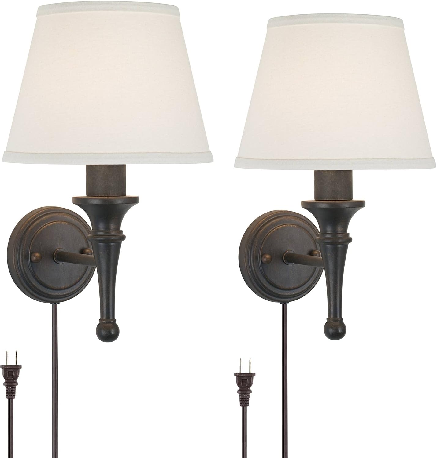 Regency Hill Braidy Rustic Wall Light Sconces Set of 2 Bronze Copper Chrome Plug-in 7' Fixture Ivory Cotton Empire Shade for Bedroom House Reading Living Room Home
