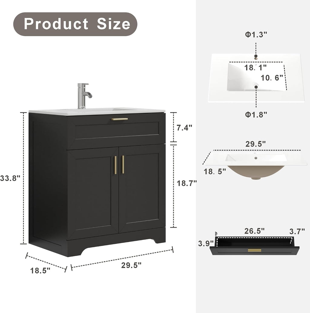 KIGOTY 30' Modern Bathroom Vanity with Ceramic Sink, Wooden Bathroom Storage Cabinet and Sink Combo Set, Freestanding Vanity Sink Cabinet with Faucet, Drawer and Soft-Closing Door (Black)
