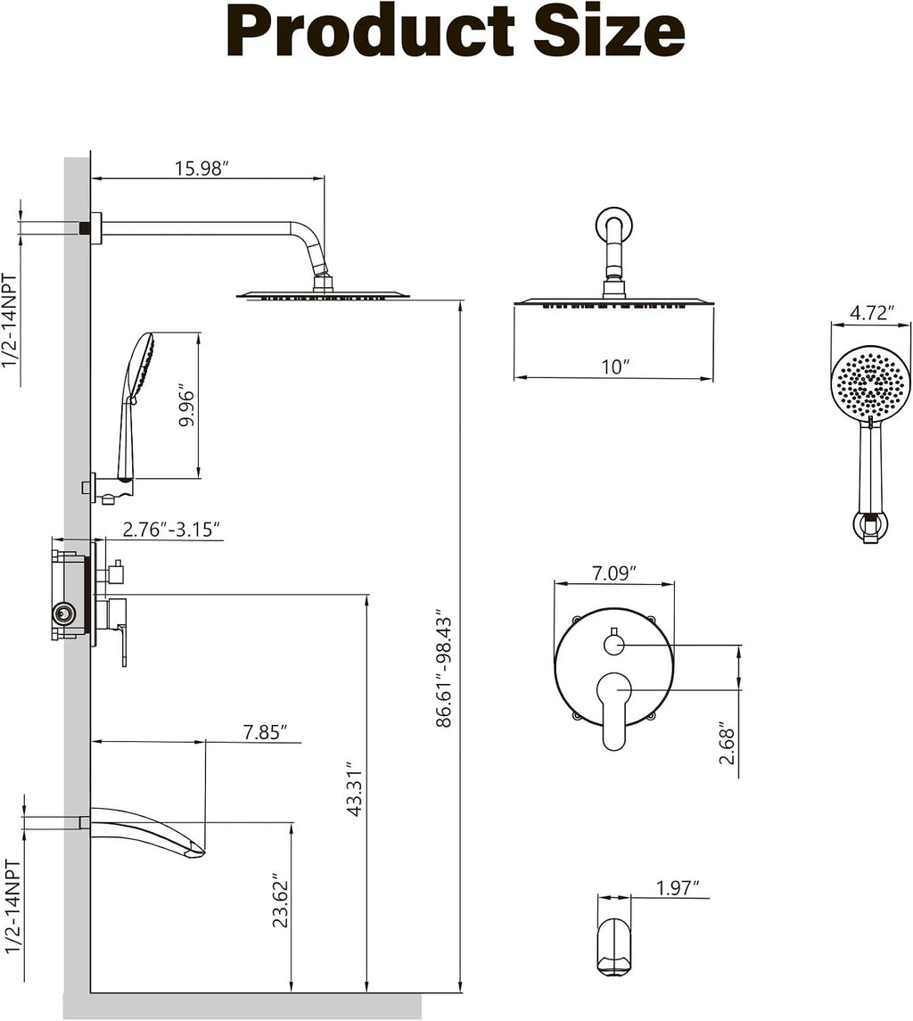 Gabrylly Shower System with Tub Spout, Bathtub Shower Faucet Set with 10' Rain Shower head and 5-Setting Handheld Shower, Wall Mounted Shower Fixtures with Pressure Balance Shower Valve, Brushed Gold