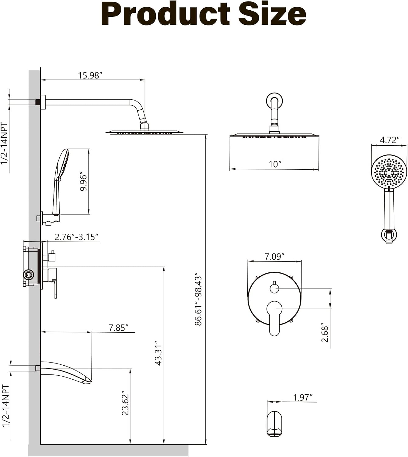 Gabrylly Shower System with Tub Spout, Bathtub Shower Faucet Set with 10' Rain Shower head and 5-Setting Handheld Shower, Wall Mounted Shower Fixtures with Pressure Balance Shower Valve, Brushed Gold