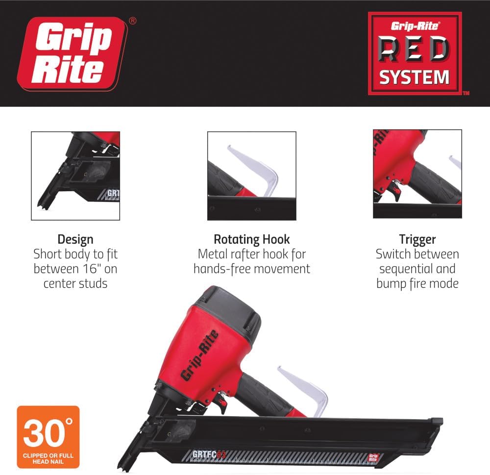 Grip-Rite GRTFC83 30-Degree Short Body Paper Tape Framing Nailer, Accepts 2' to 3-1/4' Clipped and Round Head Paper Tape Framing Nails