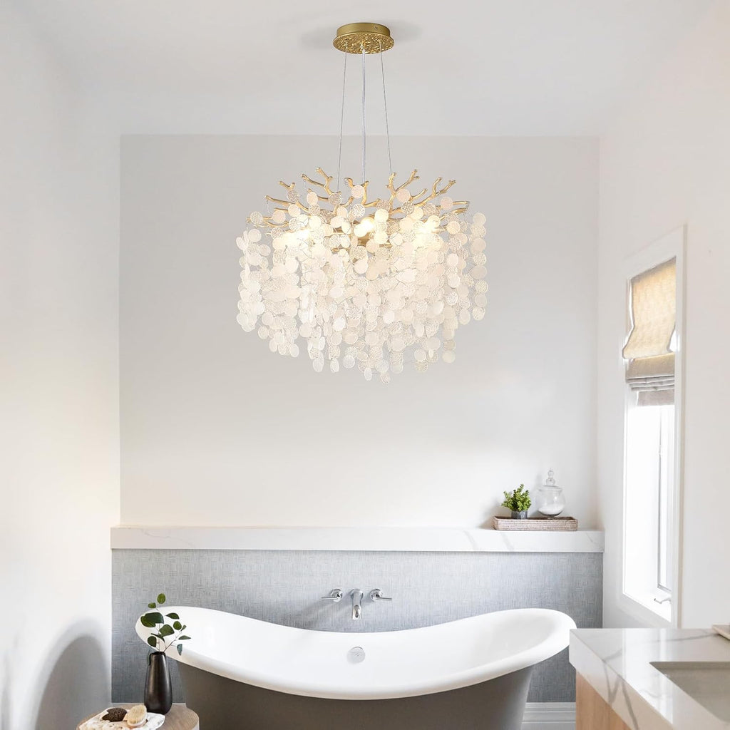 18-Inch Coastal Chandelier, 6-Light Gold Tree Branch Chandelier, Modern Foyer Bedroom Chandeliers with Adjustable Height, Round Crystal Pendant Light Fixtures for Entryway Dining Room, E12
