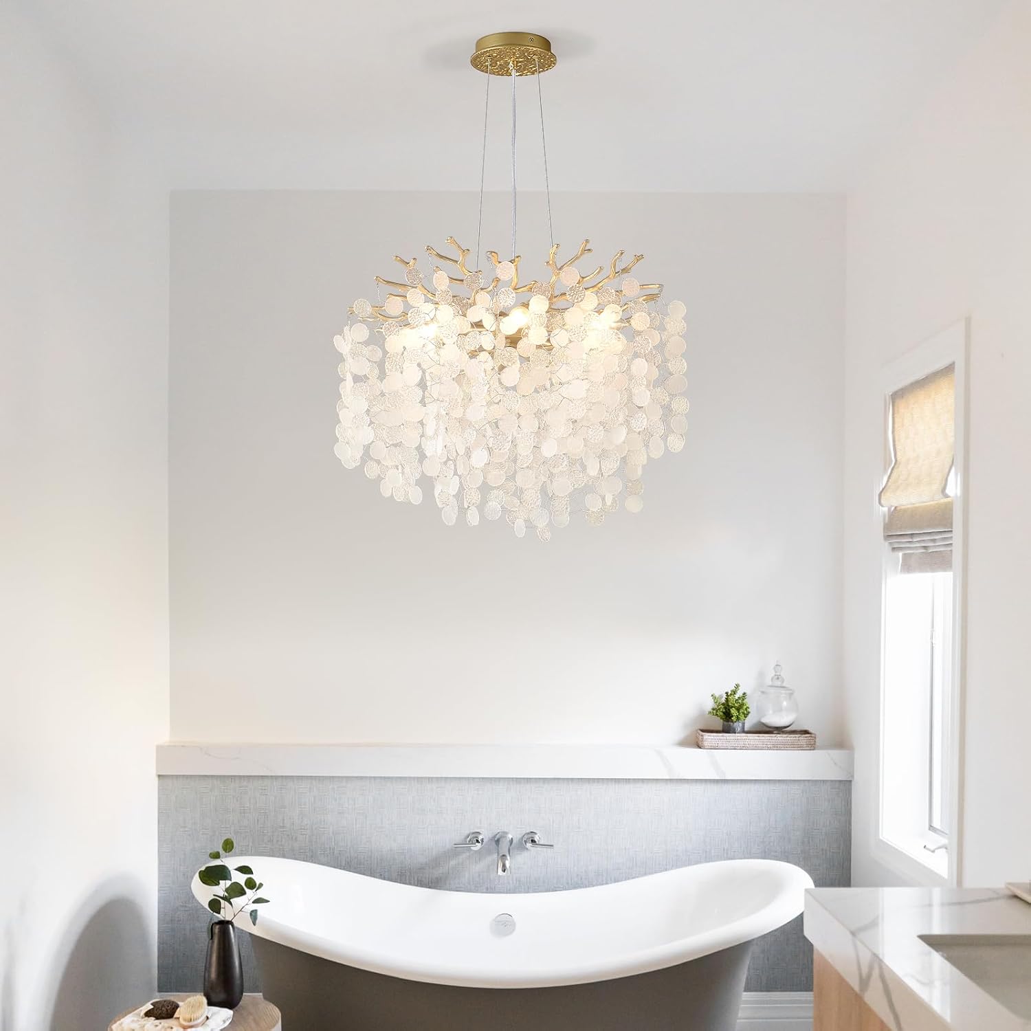18-Inch Coastal Chandelier, 6-Light Gold Tree Branch Chandelier, Modern Foyer Bedroom Chandeliers with Adjustable Height, Round Crystal Pendant Light Fixtures for Entryway Dining Room, E12