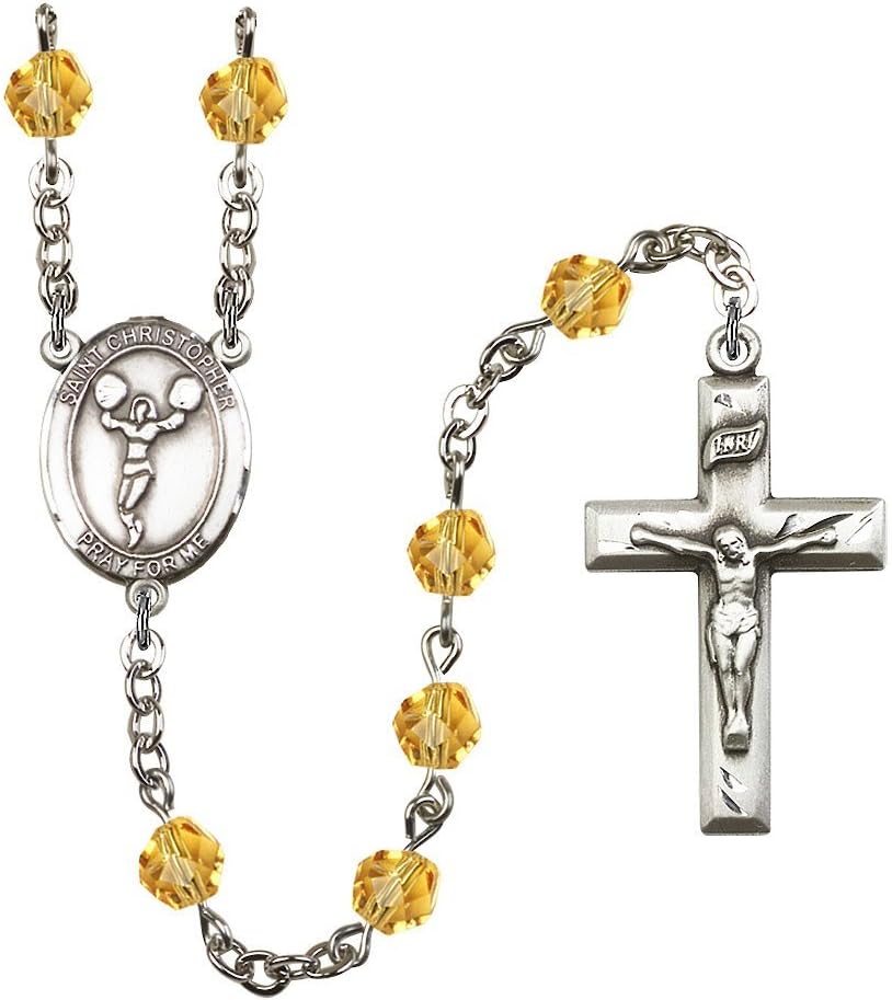 Bonyak Jewelry St. Christopher/Cheerleading Silver-Plated Rosary - Every Birth Month Color and More