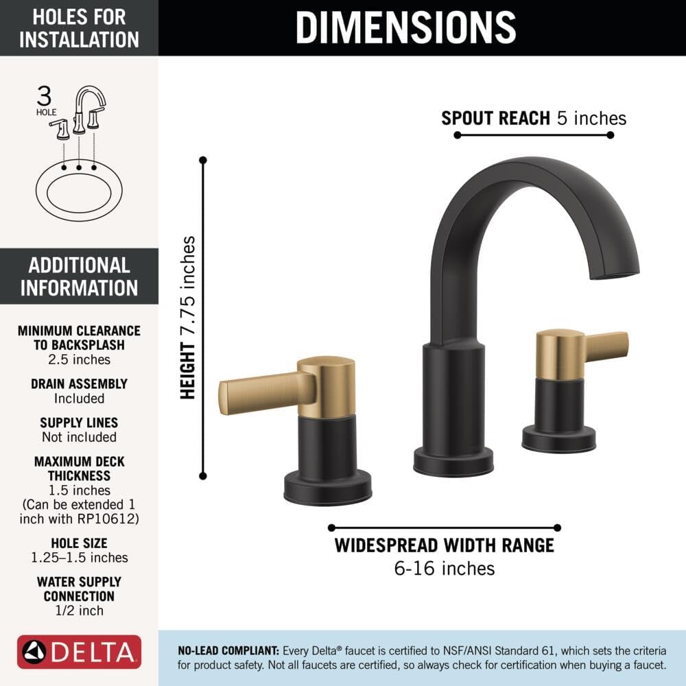 Delta Albion Matte Black/Brushed Gold Bathroom Faucet 3 Hole, 8 Inch Widespread Bathroom Sink Faucet for Vanity, Metal Push-Pop Drain Assembly, Matte Black/Champagne Bronze 35855LF-GZ