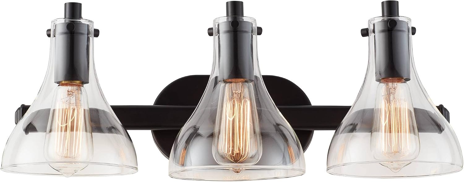 Possini Euro Design Sorren Industrial Modern Wall Light Black Metal Hardwired 20 1/2' 3-Light Fixture Curving Clear Glass Shade for Bedroom Bedside Bathroom Vanity Living Room Hallway Dining House
