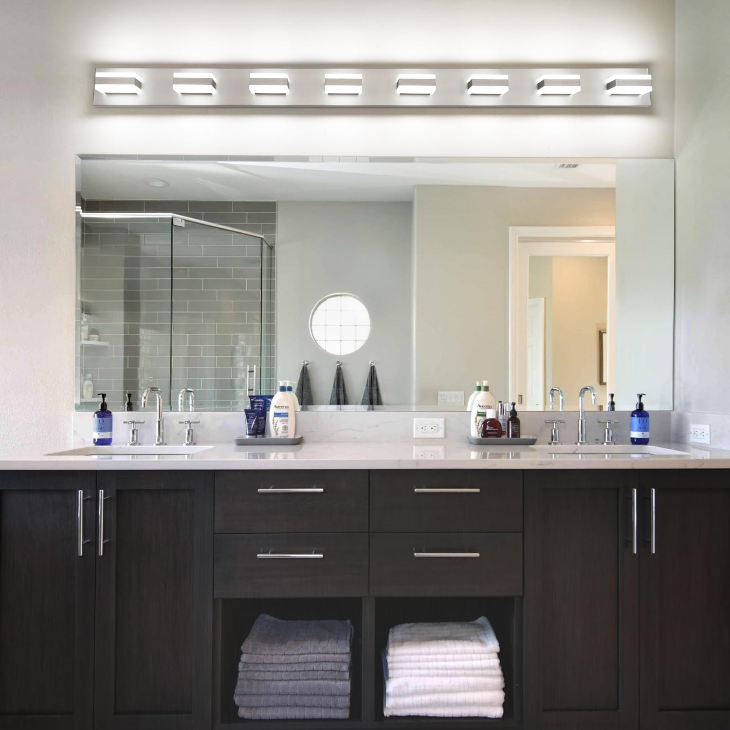 SOLFART Bathroom Light Fixtures Brushed Nickel Vanity Lights for Bathroom Above Mirror, 8 Light Led Lighting Fixture, Nickel Vanity Light, 61 Inch Vanity Light Over Mirror