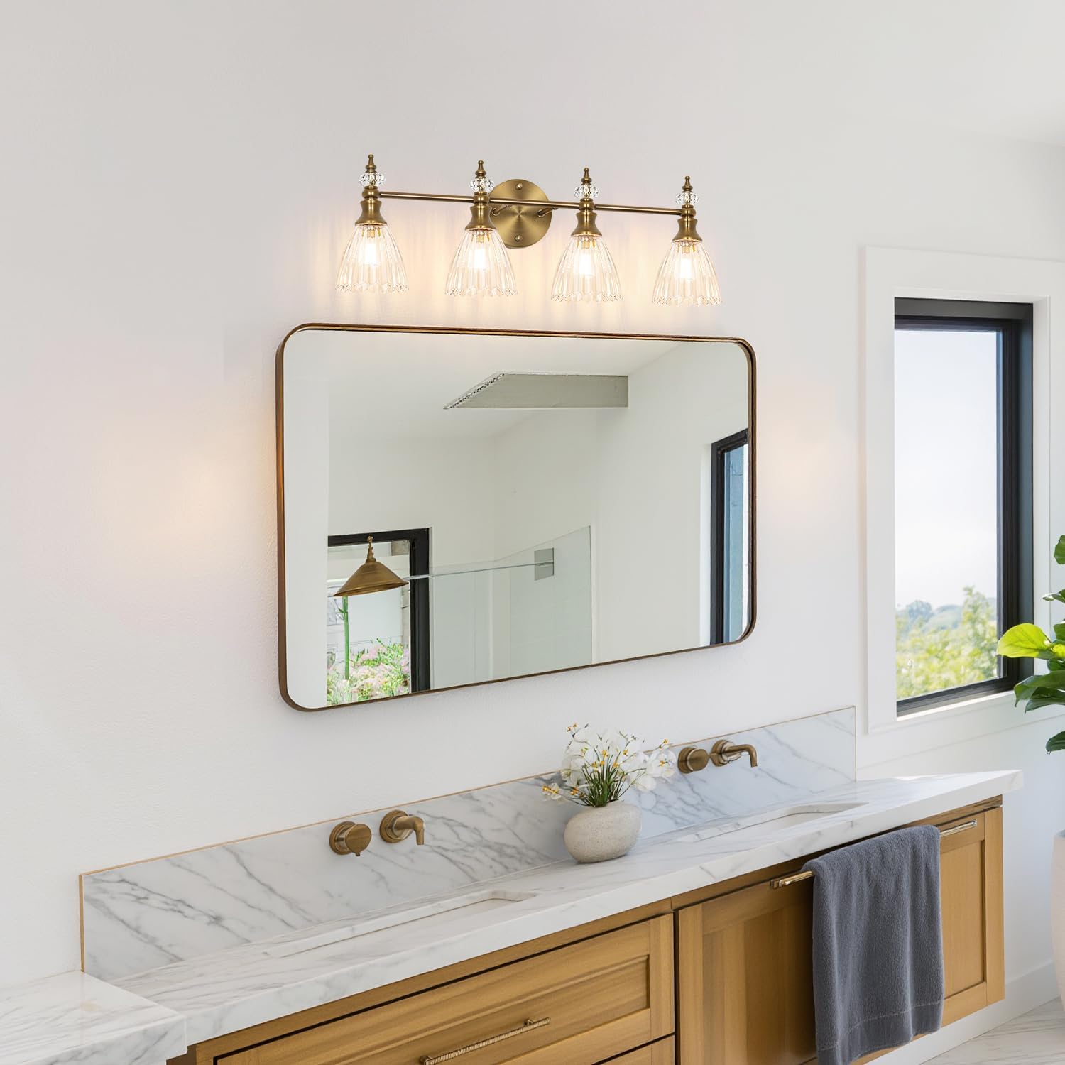 Large Bathroom Vanity Light 4 Lights, 26 Inch Brushed Gold Vintage Vanity Light Fixture with Clear Glass Shades, G9 Base Wall Mounted Light for Oversized Mirror, Luxury Bathroom, Master Bedroom