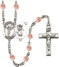 St. Christopher/Cheerleading Silver-Plated Rosary 6mm October Pink Fire Polished Beads Crucifix Size 1 3/8 x 3/4 medal charm
