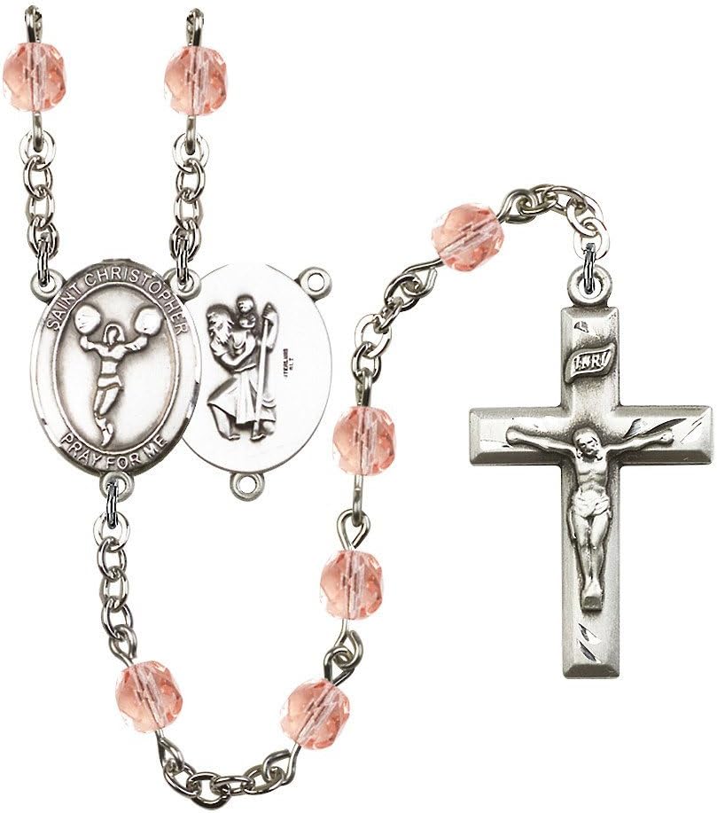St. Christopher/Cheerleading Silver-Plated Rosary 6mm October Pink Fire Polished Beads Crucifix Size 1 3/8 x 3/4 medal charm