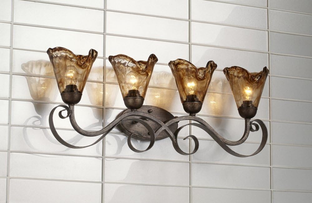 Franklin Iron Works Amber Scroll Rustic Vintage Wall Mount Light Golden Bronze Silver Metal 29 1/2' Wide 4-Light Vanity Fixture Organic Art Glass Shades Decor for Bathroom Over Mirror House Home