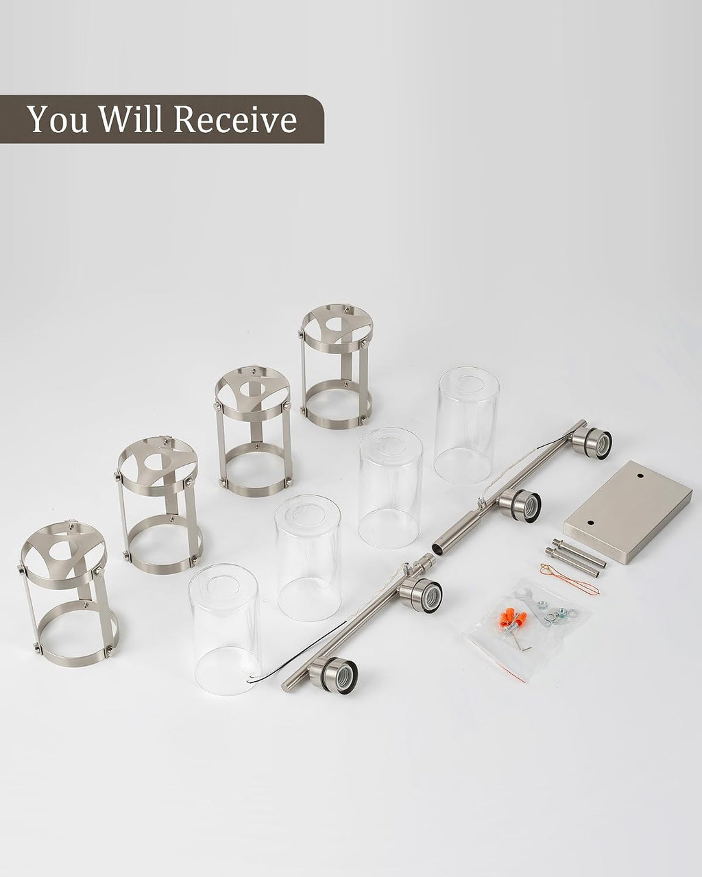 4-Light Brushed Nickel Bathroom Light Fixtures, 29 Inch Modern Bathroom Vanity Lighting Fixtures Over Mirror with Clear Glass and Metal Cage Wall Sconce Lights for Bath, E26, OS-3014BN-4W