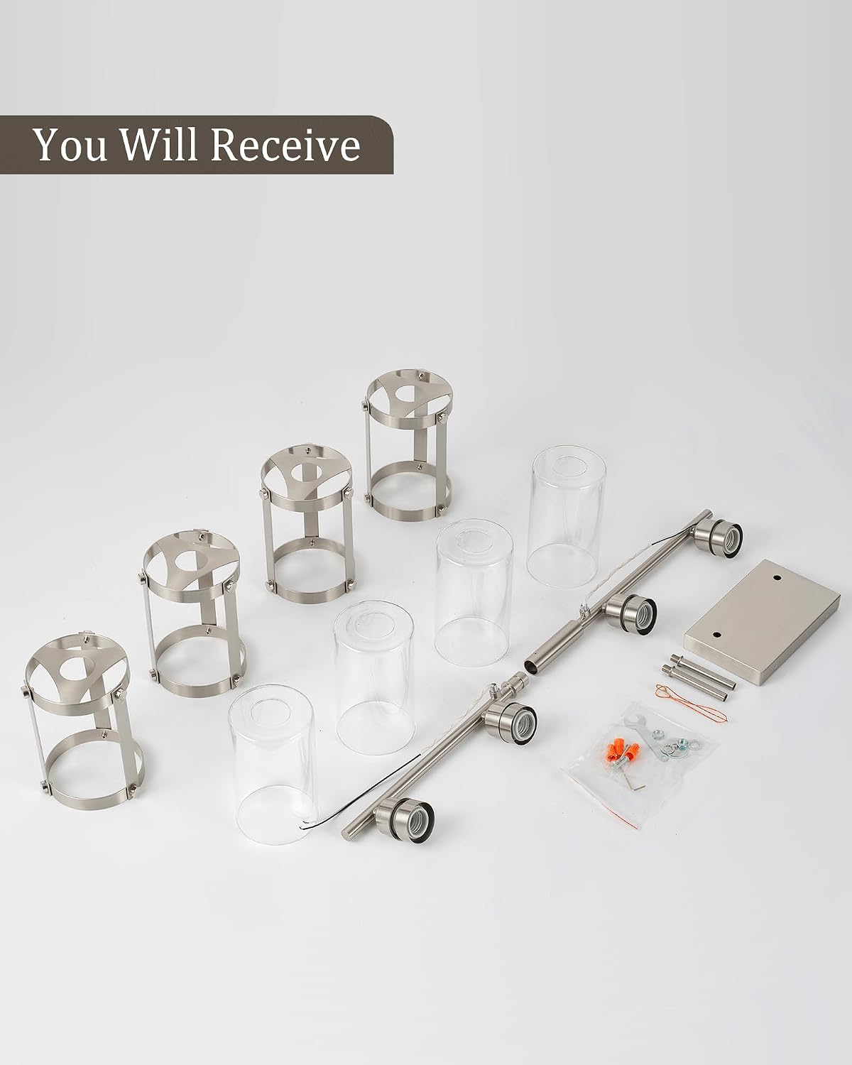 4-Light Brushed Nickel Bathroom Light Fixtures, 29 Inch Modern Bathroom Vanity Lighting Fixtures Over Mirror with Clear Glass and Metal Cage Wall Sconce Lights for Bath, E26, OS-3014BN-4W