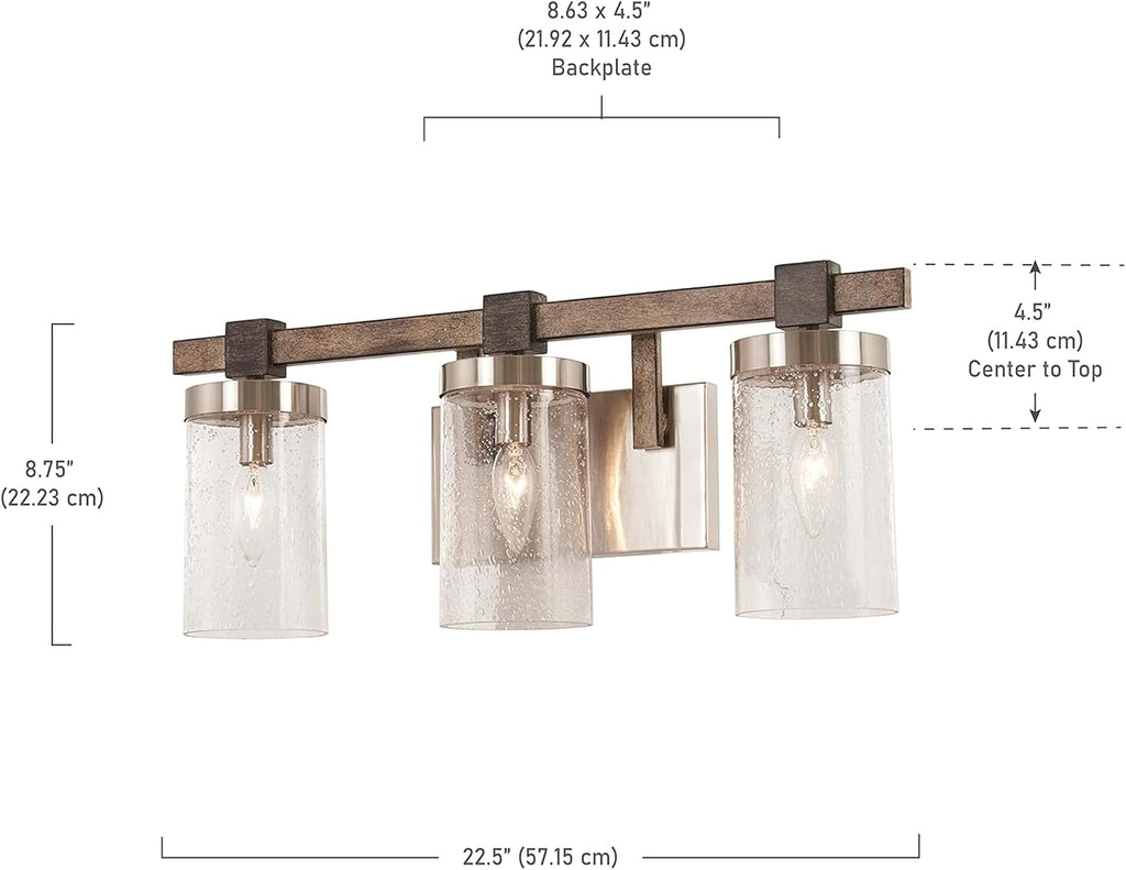 Minka Lavery 4633-106 Bridlewood Vanity Bath Light, 3-Light, 180 Total Watts, 22.5-in H x 8.75-in W, Stone Grey w/Brushed Nickel