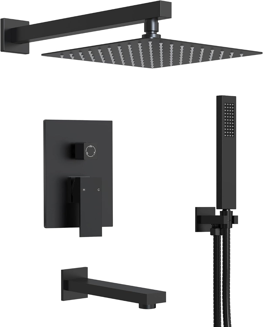 Shower Tub Faucet Set, 10' Bathroom Rainfall Shower Head Fixtures Combo with Handheld Spray and Tub Spout, Matte Black (Valve Included)